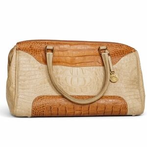 Brahmin Croc Embossed Leather Satchel Cream Beige HandbagBrahmin Croc Embossed